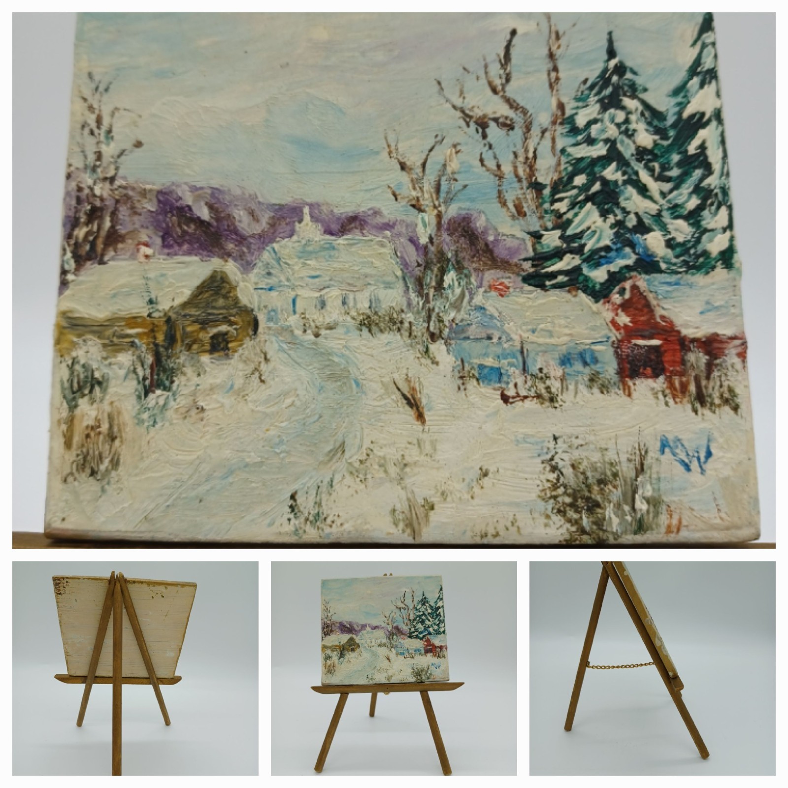 Vintage Miniature Winter Landscape Oil Painting on Wood and Wood Easel