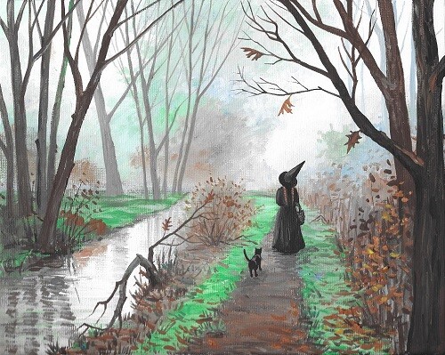 11×14 PRINT OF PAINTING RYTA HALLOWEEN BLACK CAT WITCH LANDSCAPE Folk Art Salem