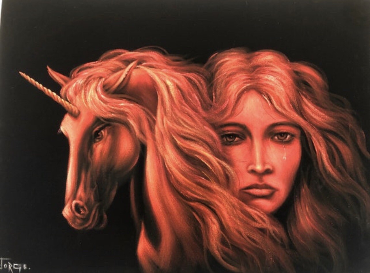 Weird Psychedelic girl with unicorn weird trippy black velvet oil painting art