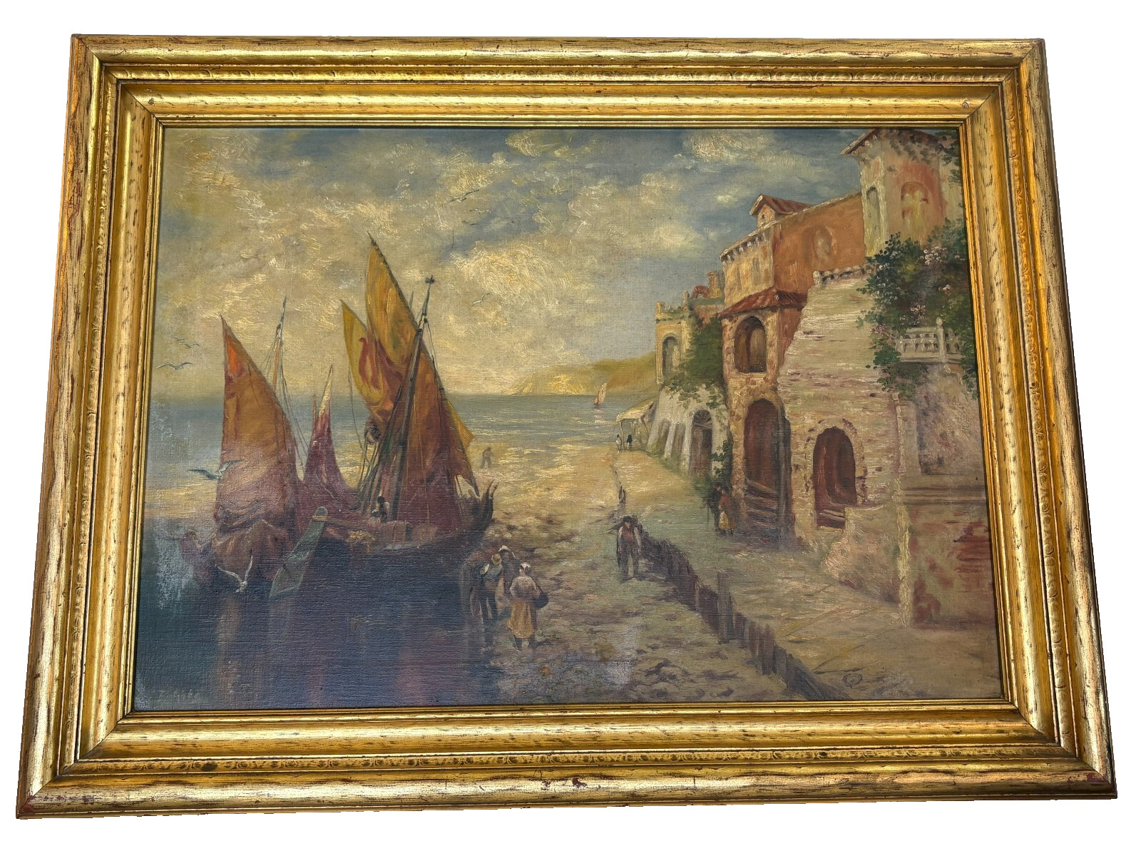 Vintage SIGNED E. ABBE Framed Isle of Capri European Wharf Oil Painting 25″x 33″