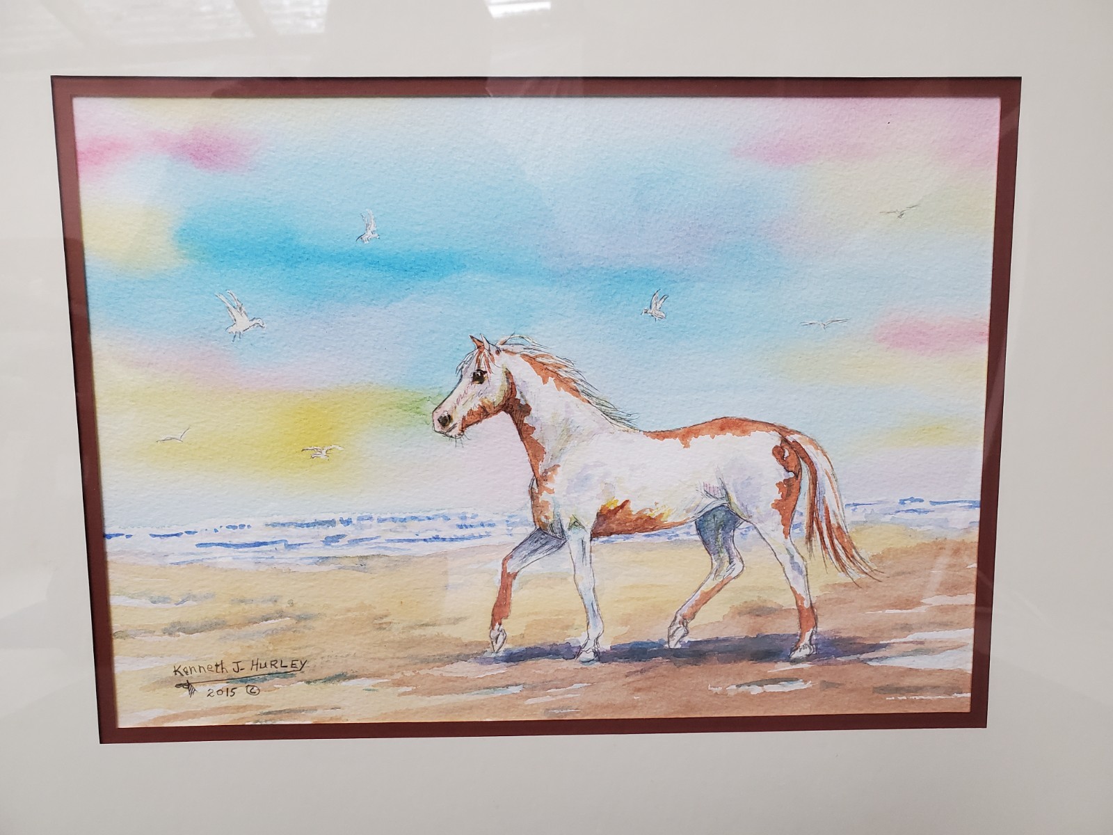 Kenneth J Hurley Original 2015 Horse Watercolor Painting – Beach Time 13″ X 9″