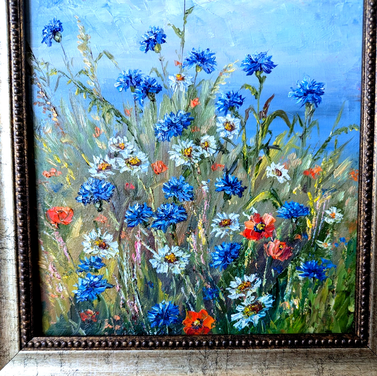 Cornflowers, Daisies, Poppies ORIGINAL OIL Painting WILDFLOWERS impasto 10″x 8″