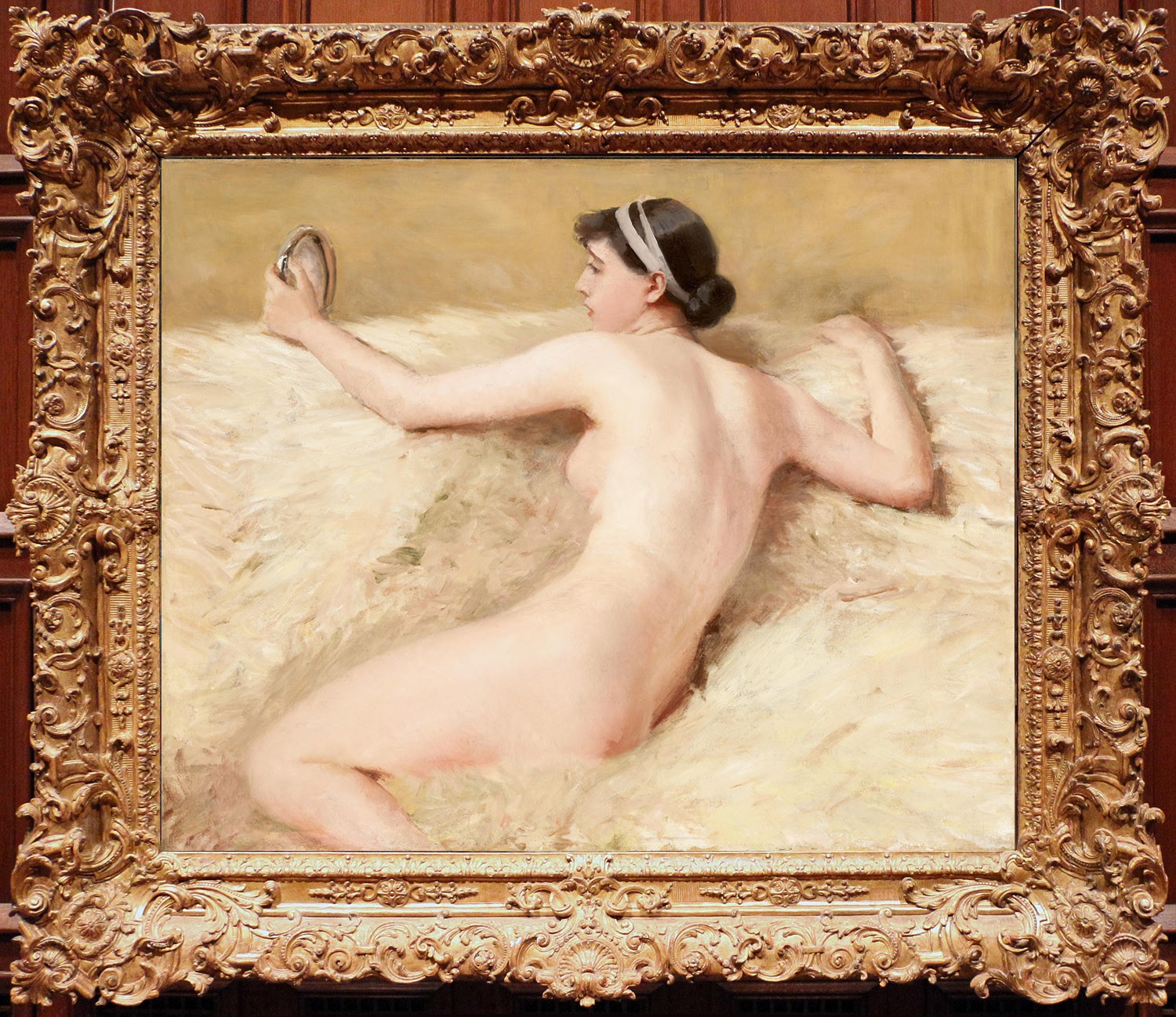 Antique Style Oil Painting Reclining Nude Woman with Mirror Female Portrait Art