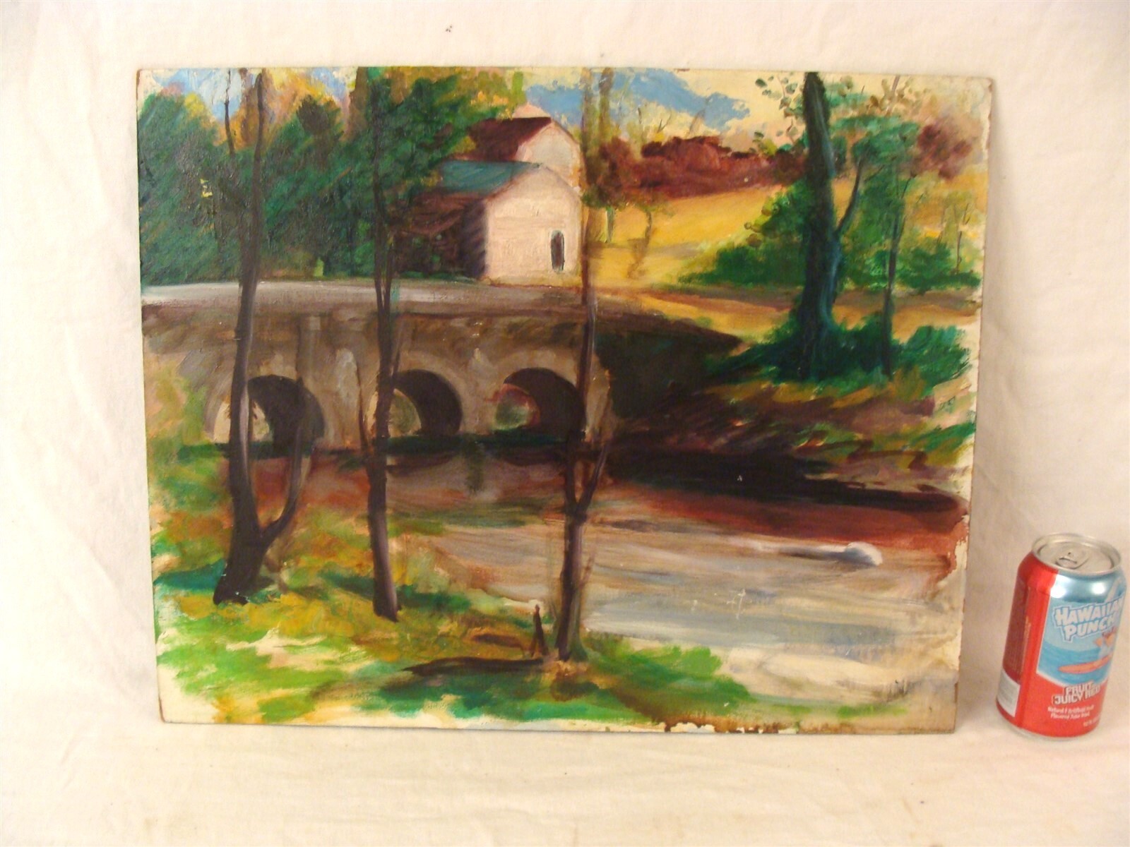 Antique John E Huszer O/B Bridge Landscape Painting