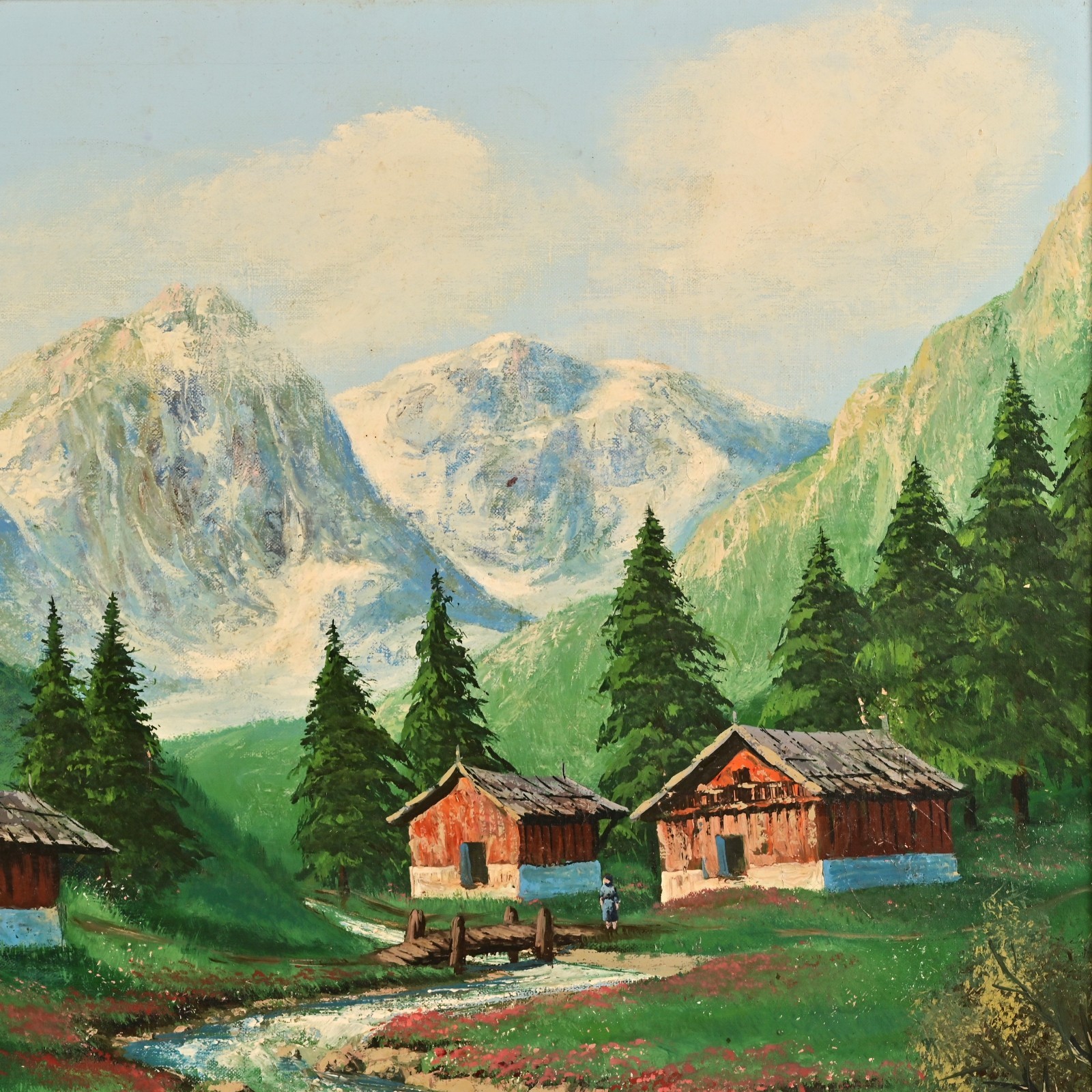 FAIG Original Vintage Signed Figurative Mountain Lake Landscape Oil Painting
