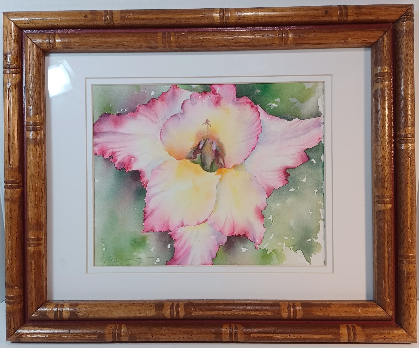 Framed Original Orchid Watercolor Painting Wood Faux Bamboo 13.5″x 16.5″ Frame