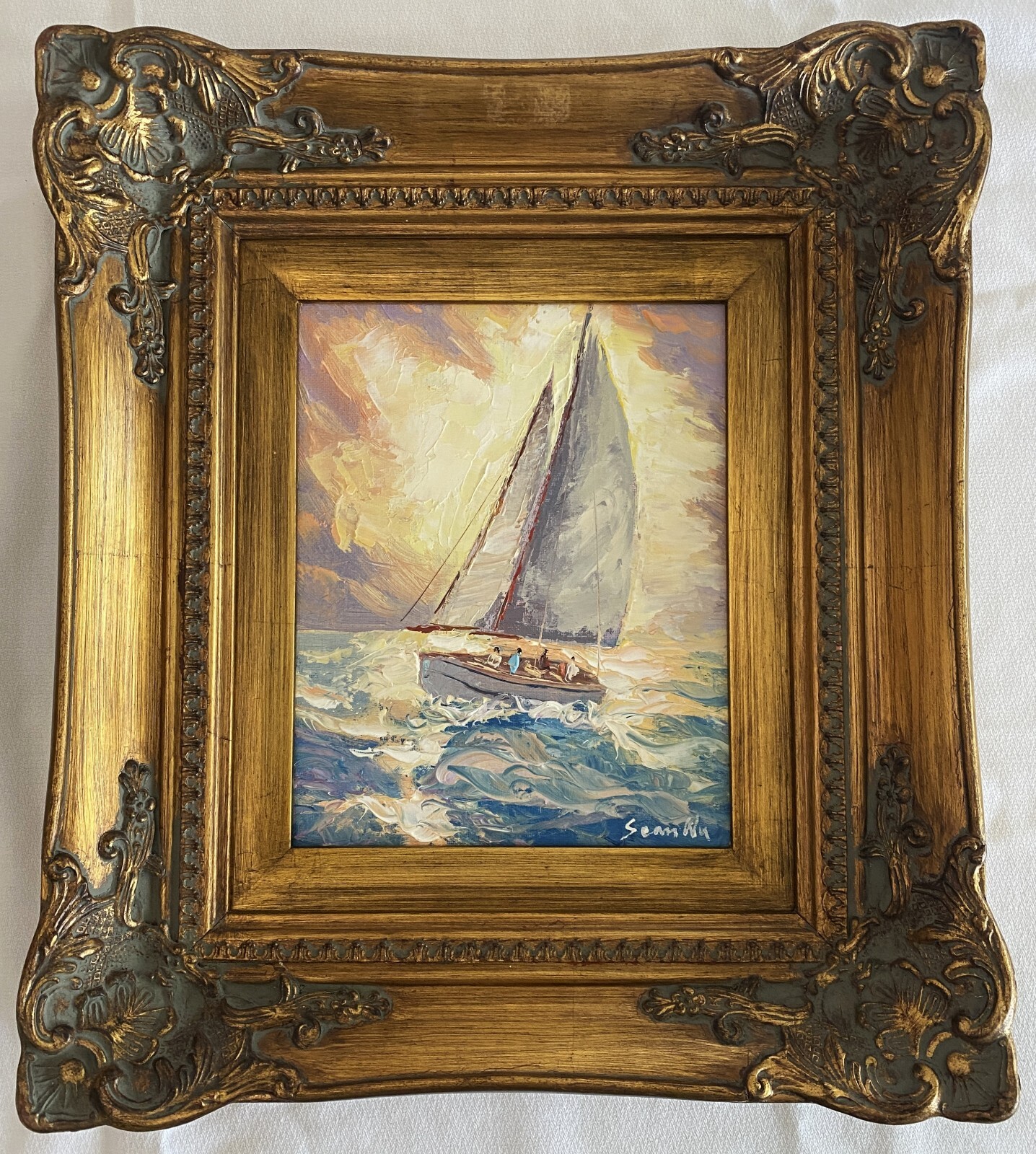 Impressionist Original Oil Painting – Sailing the Ocean- Ornate Gold Frame