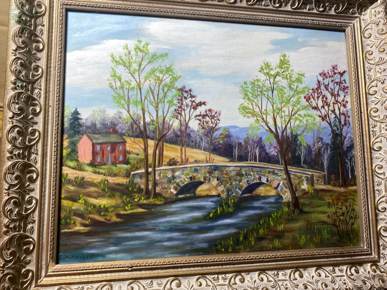 E.W Bailey «Stone Bridge And River Landscape Scene » Oil Painting -Signed/Framed