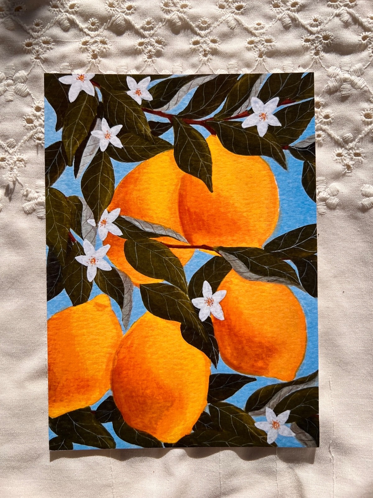 PRINT from original lemon tree gouache on paper 5×7 flowering tree branches