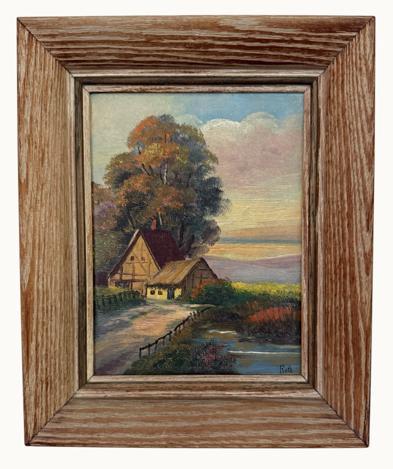 Vintage Small Hand Painted Oil Painting Carl Roth Framed Cottage Landscape Art