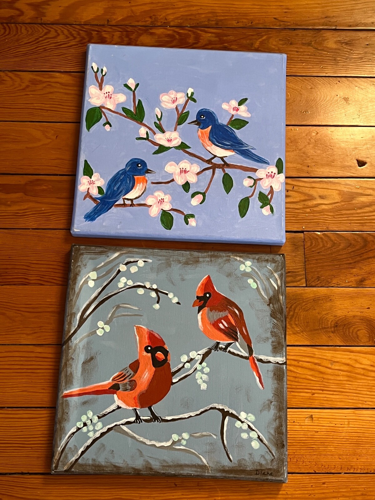 Lot of Original Blue Bird in Cherry Blossom Tree Branch & Red Cardinals in Pussy