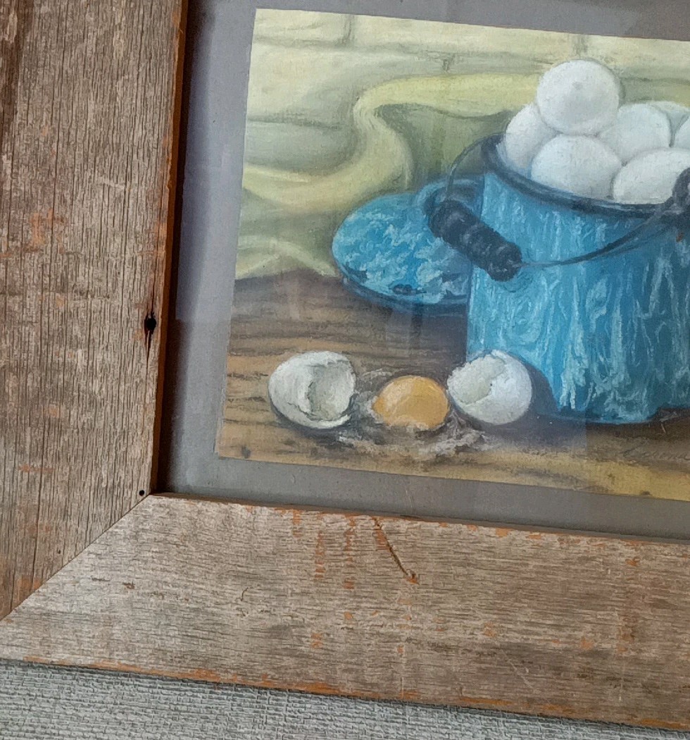 Antique Eggs in Blue Pot Primitive Still Life Folk Art Oil 11X14″ OOAK signed