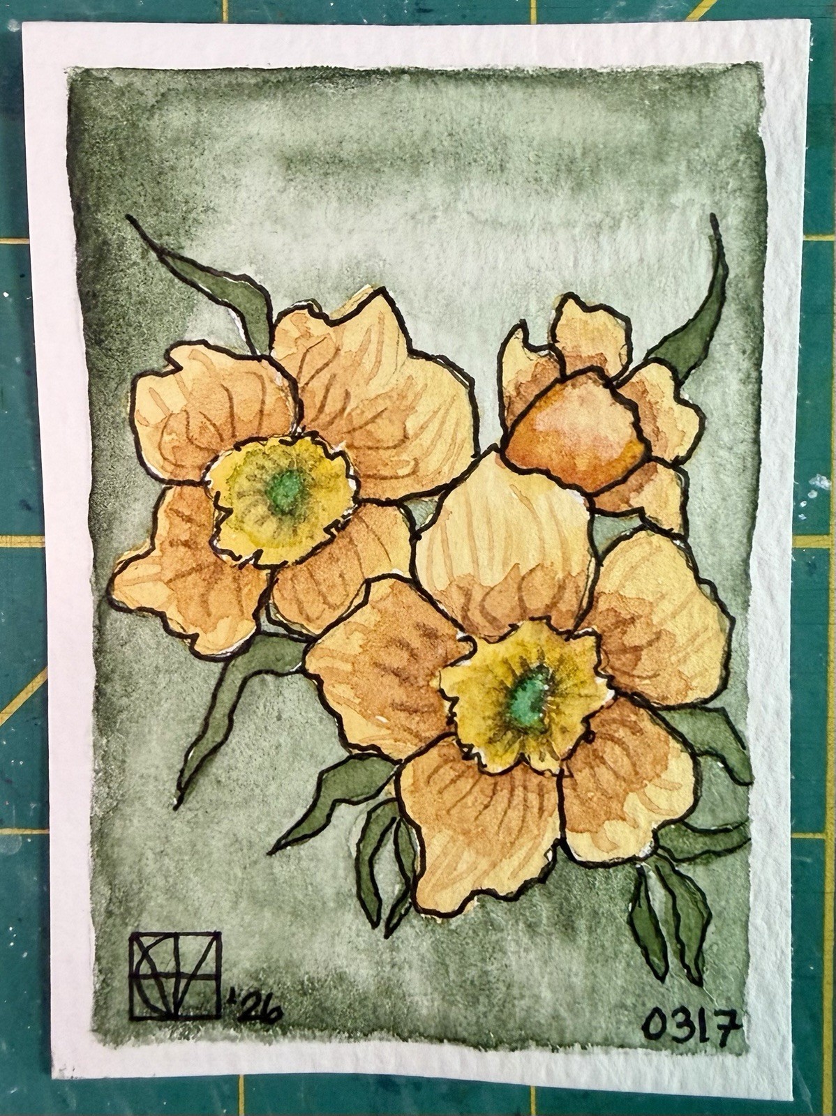 ACEO Painting by M. Hackney Flowers Botanical Watercolor Ink, Signed, 2.5×3.5″