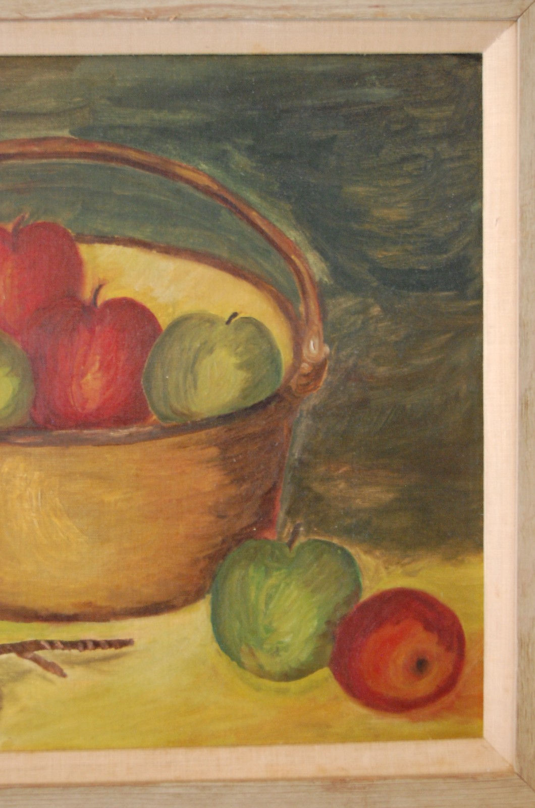 VTG 1950’S MCM FRAMED ORIGINAL PRIMITIVE FOLK ART OIL APPLES & POT A STILL LIFE