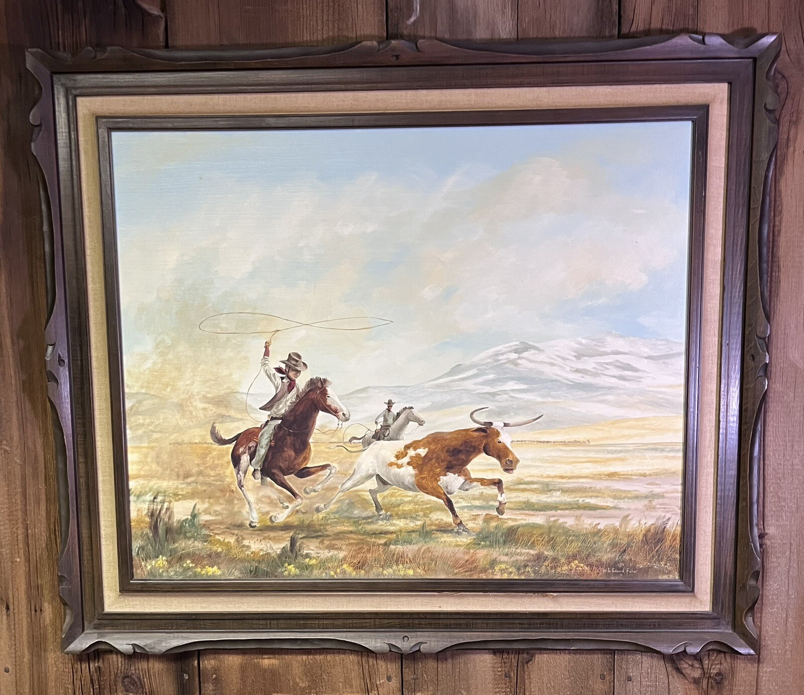 L Edward Fisher 1973 American Western Bull Horse Mountains Oil on Board Painting