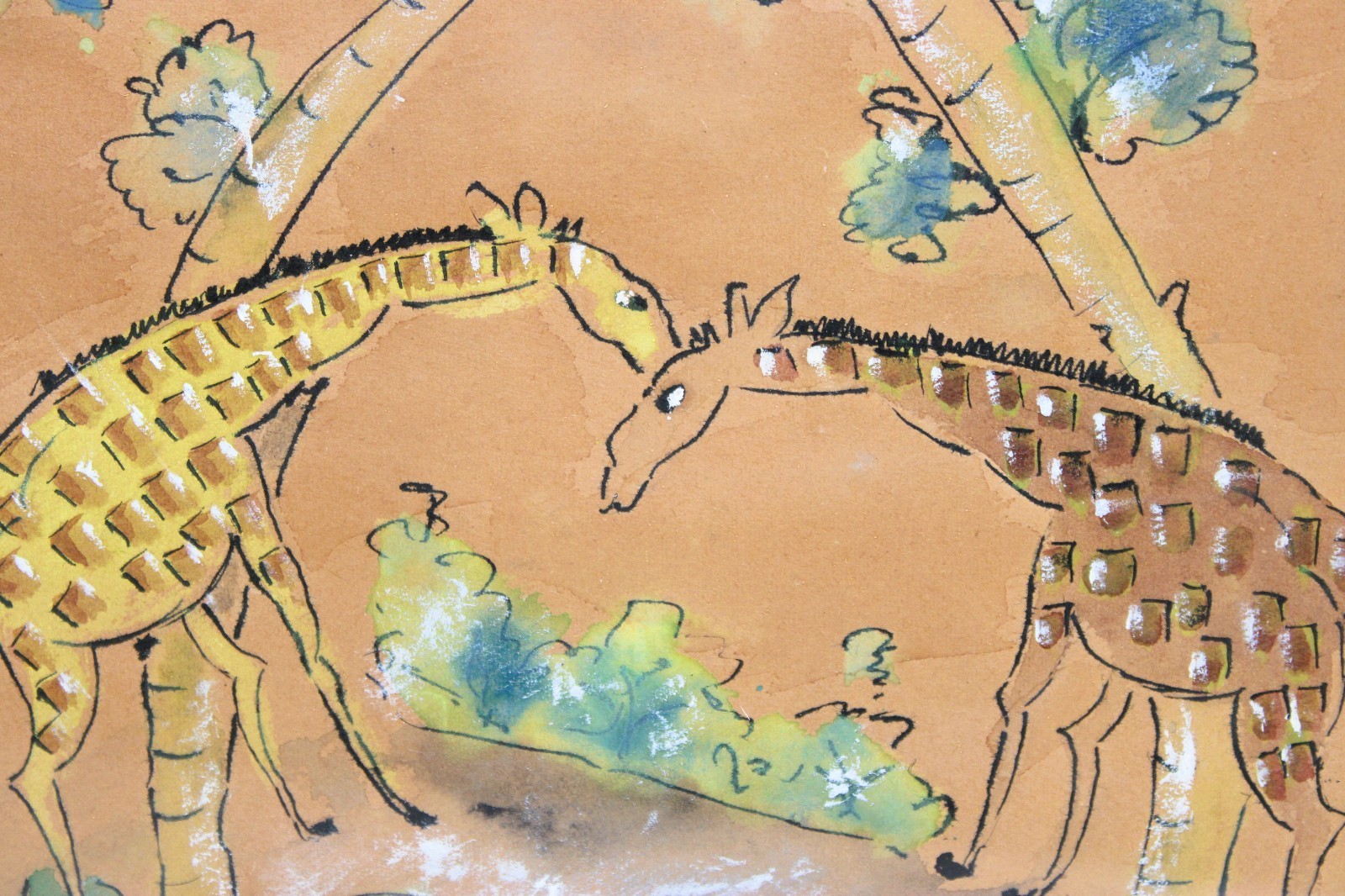 ANTIQUE WATERCOLOR INK ON PAPER DATED 1947 SIGNED M KARR GIRAFFES