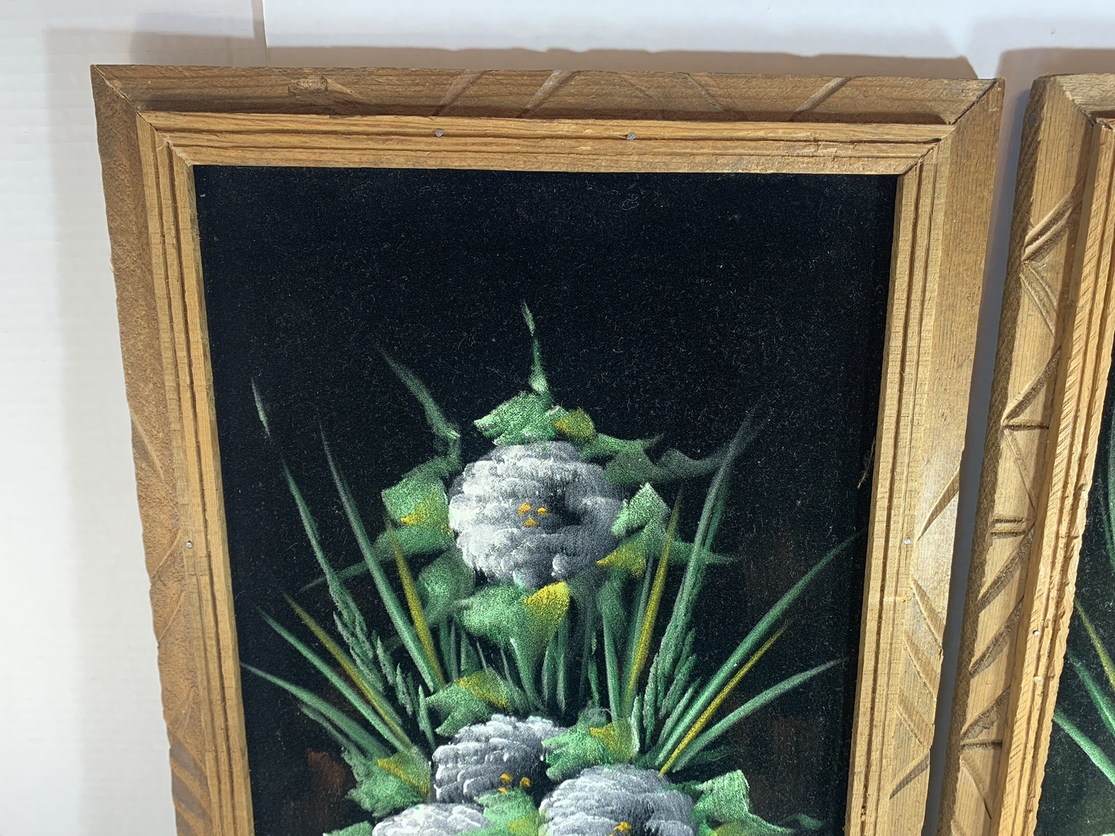 VTG PAINTINGS STILL LIFE FLOWERS IN VASE VELVET WOOD FRAME MCM DECOR SIGNED