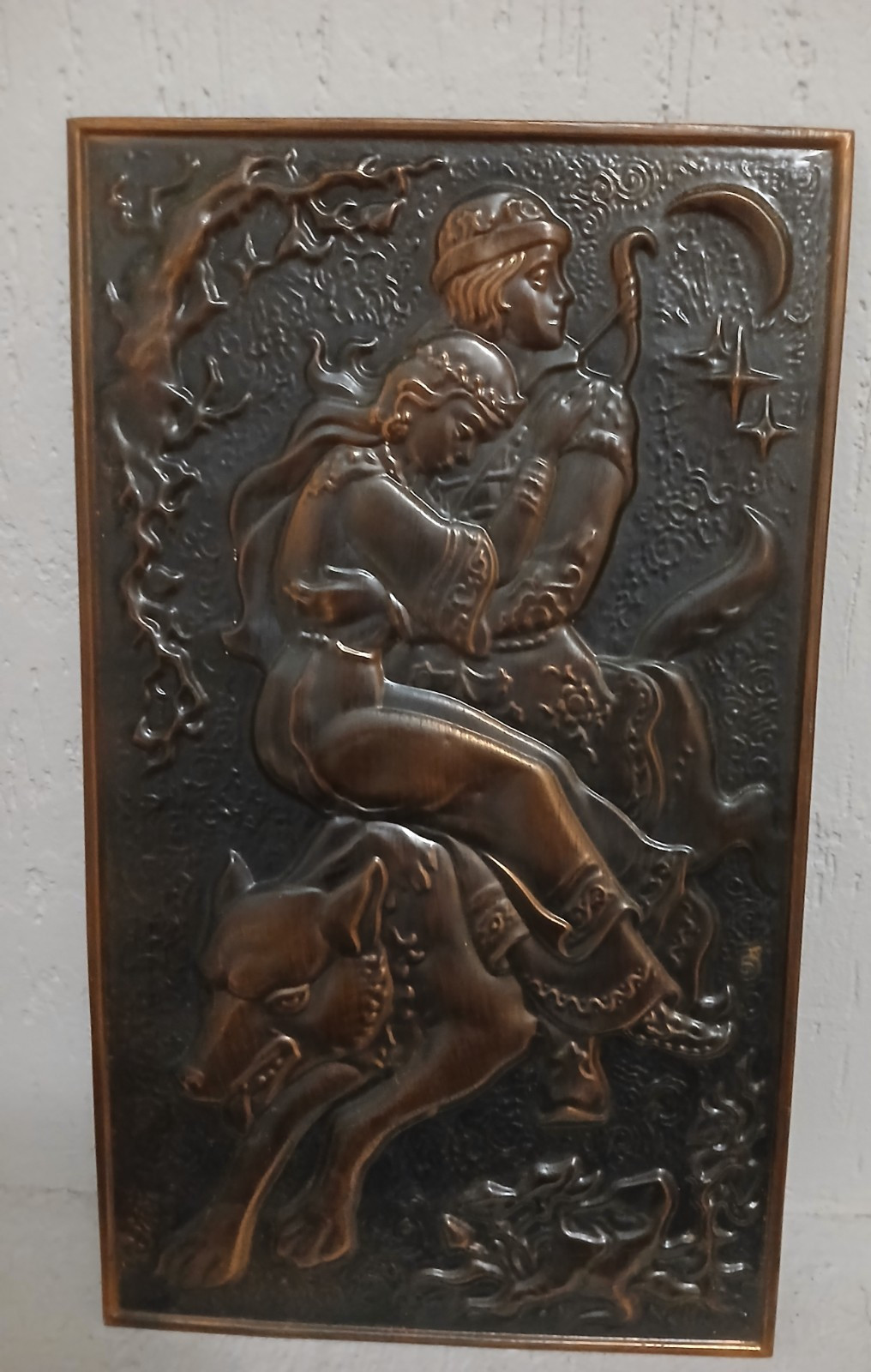 Antique painting on copper. Ivan Tsarevich and the wolf series. Copper embossing