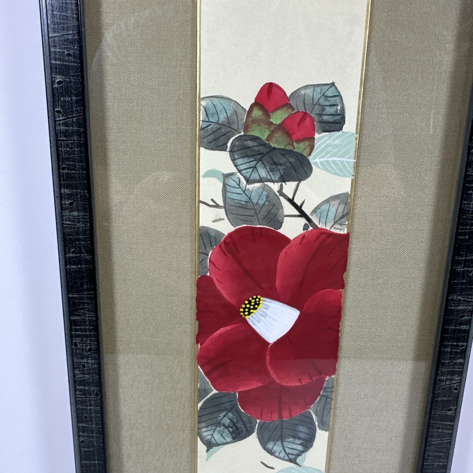 Japanese Style Floral Watercolor Ink Painting Signed Red Seal Framed
