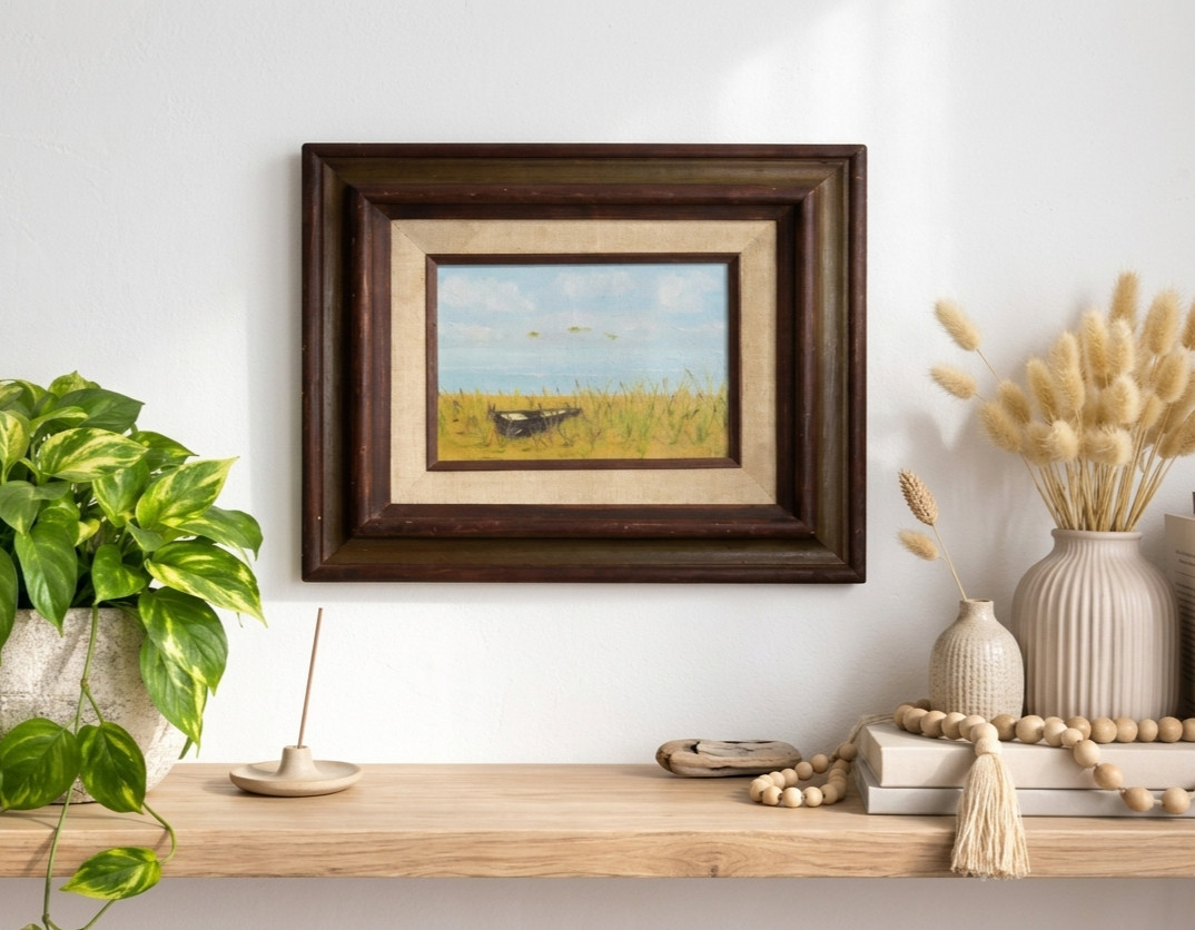 Vintage Mexican Oil Painting Coastal Landscape Ducks Mid-Century Wood Frame