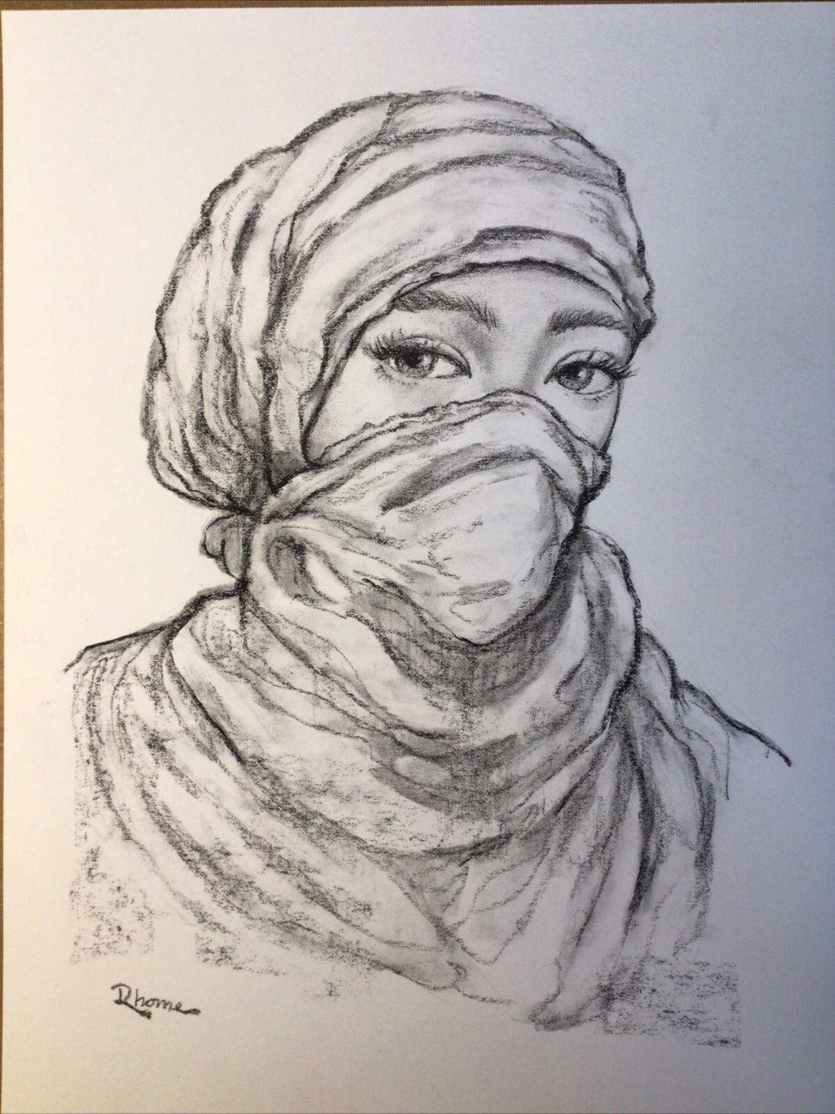 Original Charcoal And Graphite Sketch, 9×12 Inches, Muslim Woman In 3/4 View