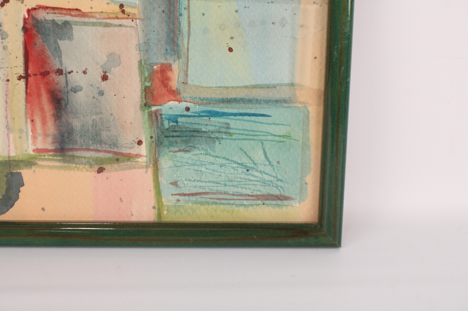 Mid Century Abstract Watercolor Painting On Paper Green Frame Unsigned