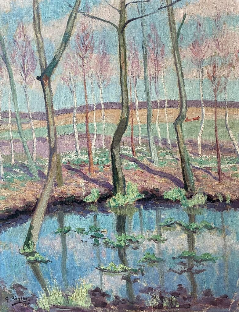 Gunnar Börjeson. Swedish Spring Woodland with Reflections. Dated 1919. COA