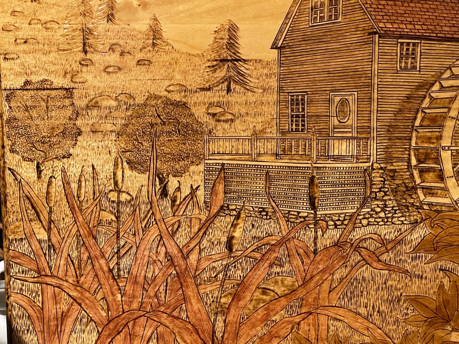 Large Pyrography Scottish Highlands Landscape Wood Burning Hand Made Folk Art