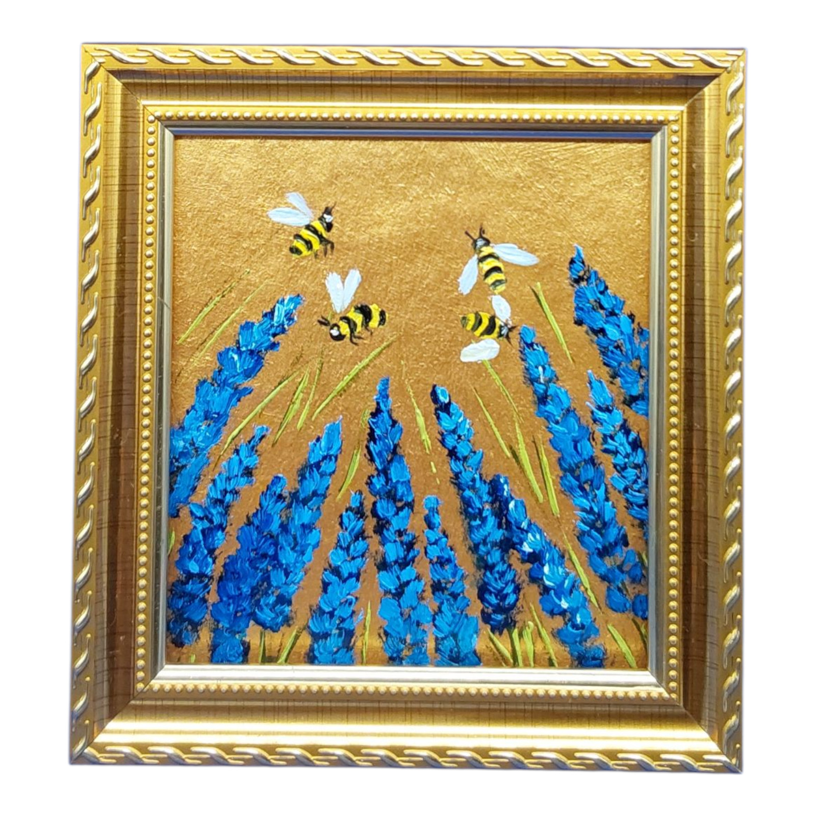 Wildflower Honey Bee Original Painting Lavender Gold Framed Handmade Wall Art