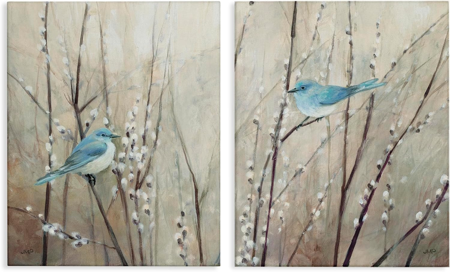 Peaceful Perched Blue Birds Animal Nature Painting, Canvas, 16 X 20