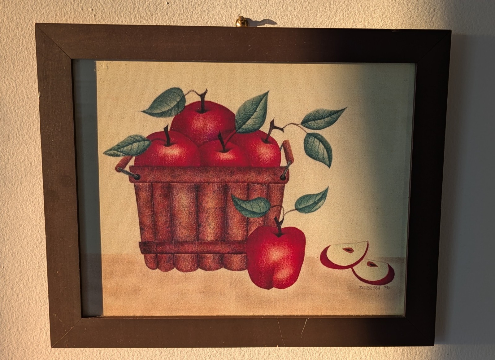 Vtg Theorem Painting Signed DEBORAH 96′ Apples In Basket Framed 9.5″x11.5″ VGC