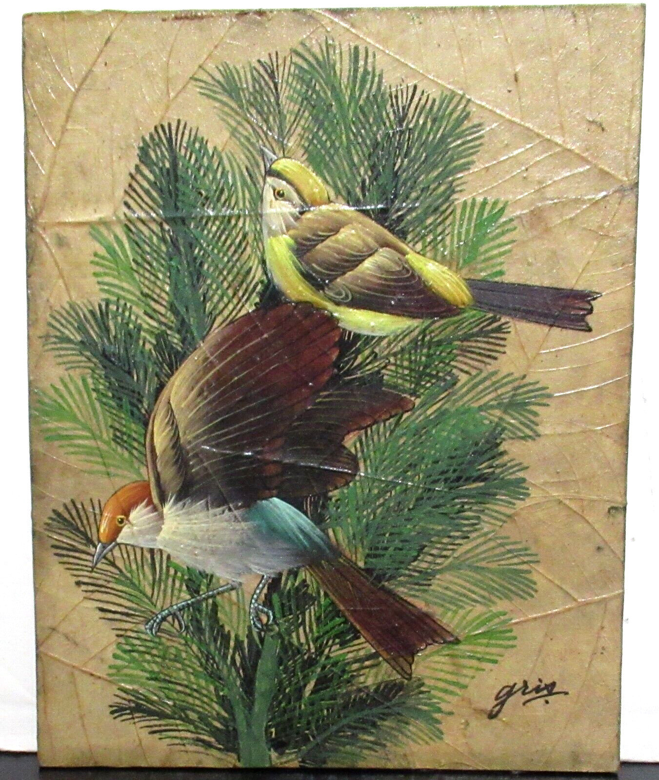 GRIS TWO BIRDS ON A TREE OIL ON REAL LEAFS PAINTING SIGNED
