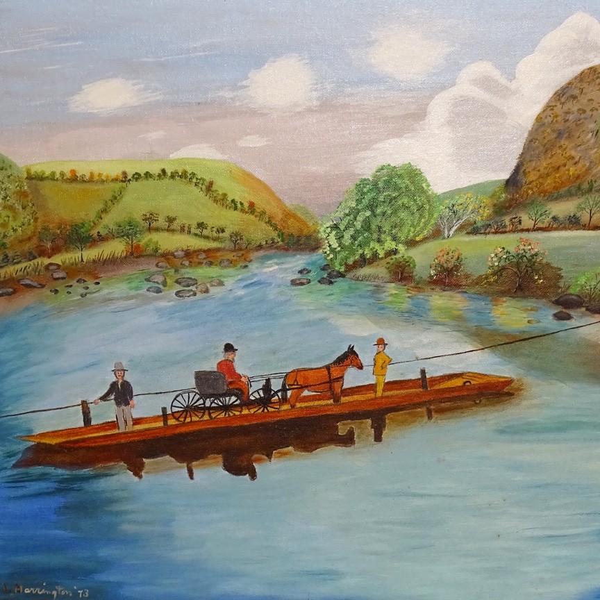 1970 Primitive Folk Art Landscape Oil Painting Horse Carriage Crossing River