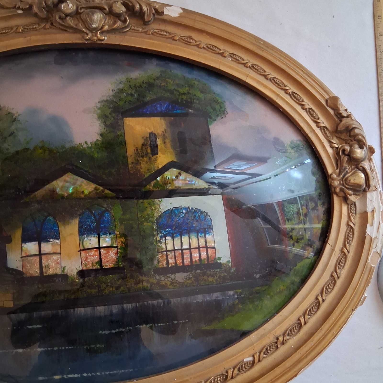 Antique Japanese Reverse Bubble Glass Painting In Original Frame 23″ × 16″