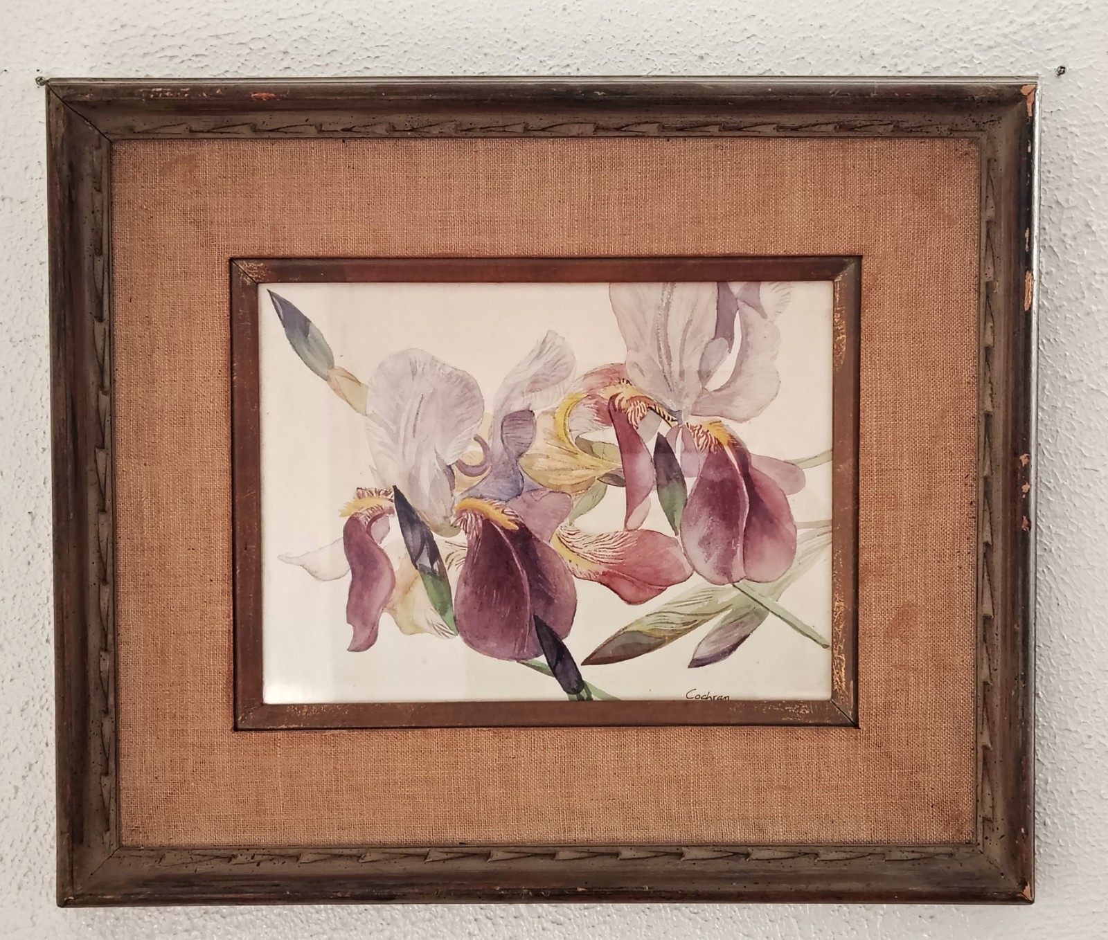 LOVELY Still Life of Irises, Watercolor Painting Signed Cochran, Original Frame