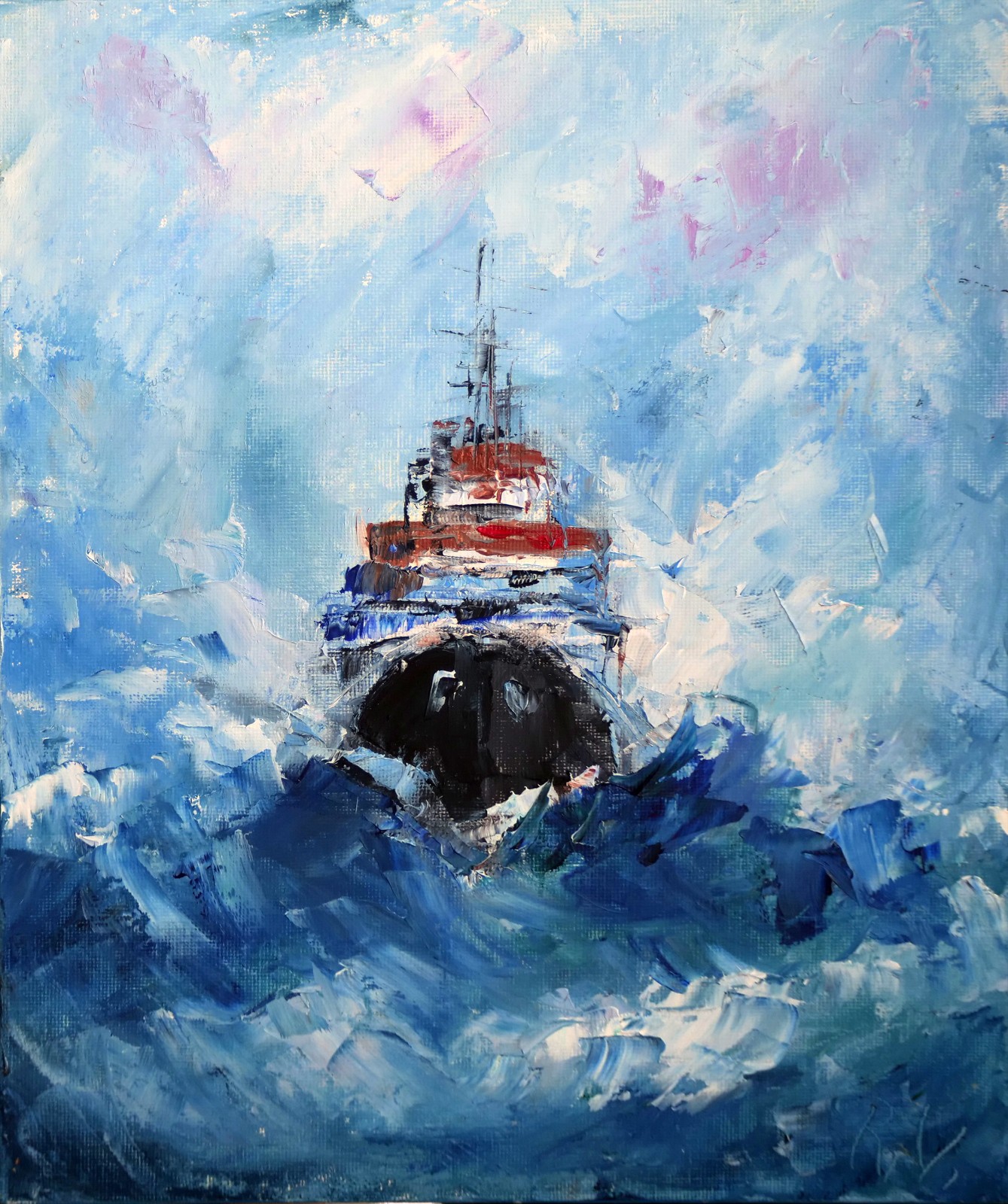 Modern Ship at Stormy Sea Waves 10×12″ Oil Painting Original Seascape Art