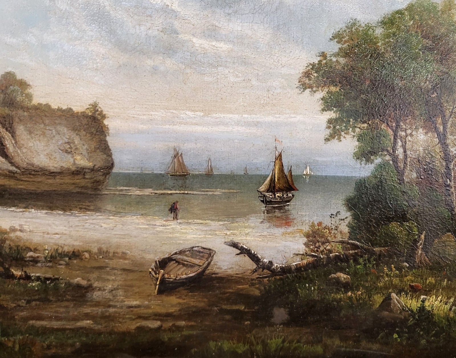 X-Large ANTIQUE Gilt Framed 19th C SEASCAPE Coastal SAILBOAT Scene OIL PAINTING