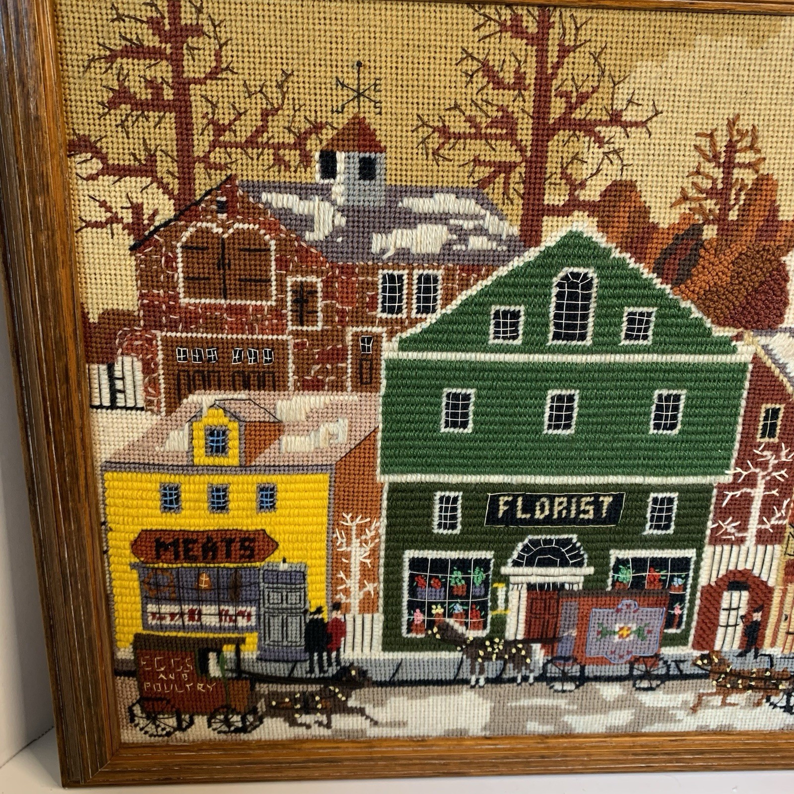 Vintage Framed Needlepoint Art Charles Wysocki Main Street Dimensions 2143
