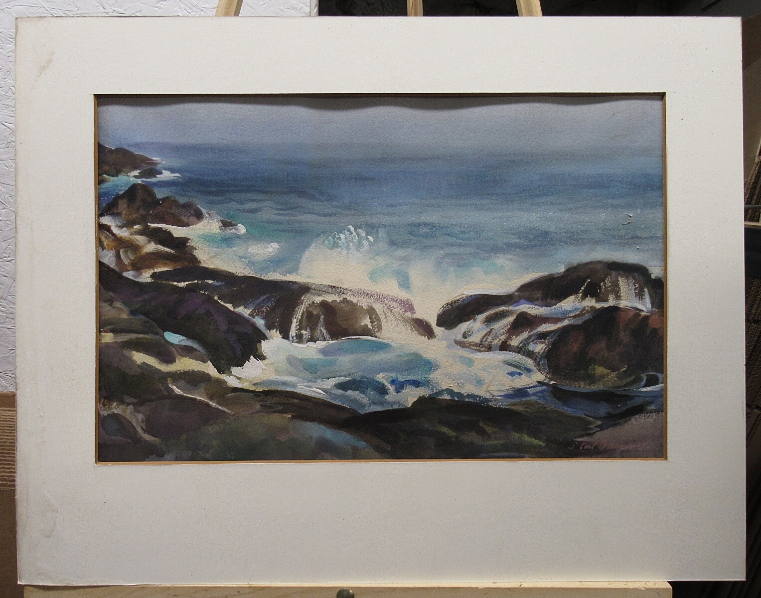 Carl Broemel ’40s Monhegan WC of Crashing Waves Listed WPA Cleveland & NY Artist