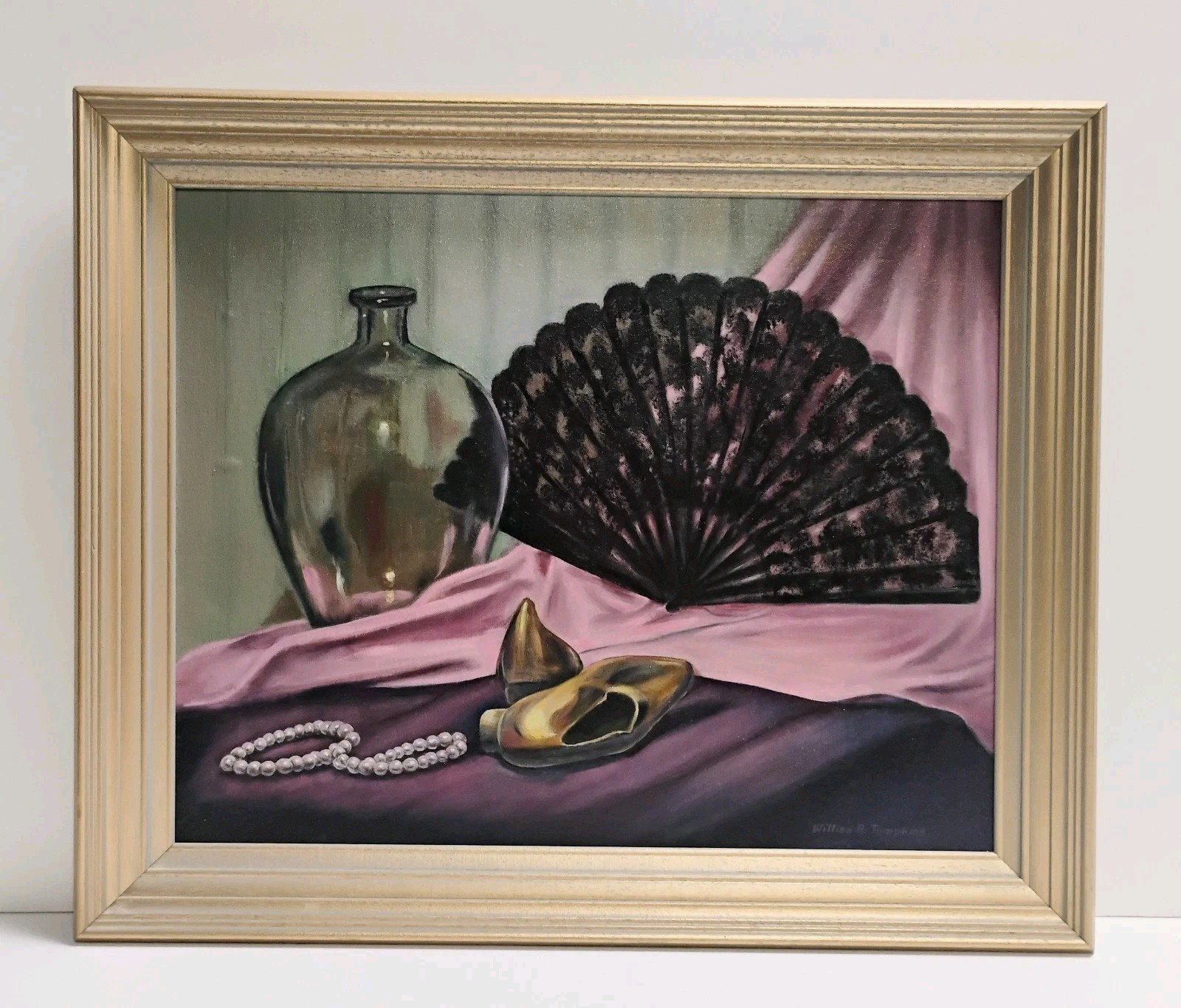 Still Life William Tompkins Bottle & Victorian Black Lace Fan Oil Painting 20X24