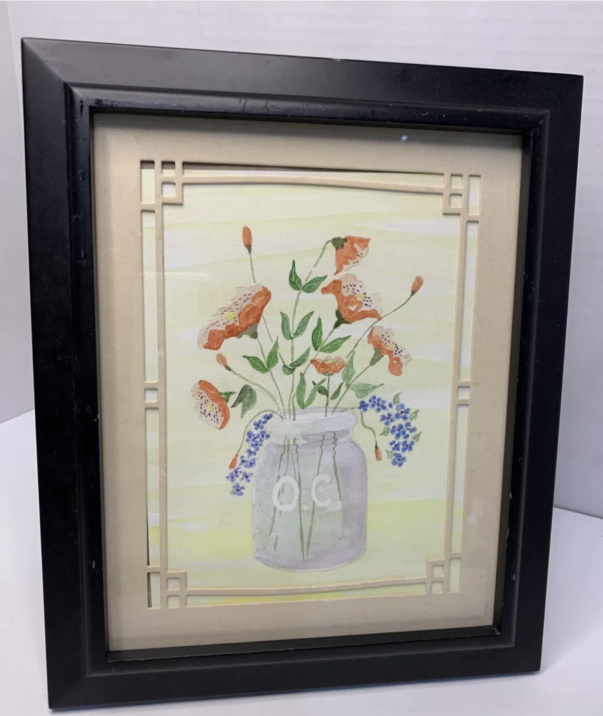 Flower Bouquet Painting 8×10” Original Watercolor Fancy Mat Wood-Framed 11×9.5”