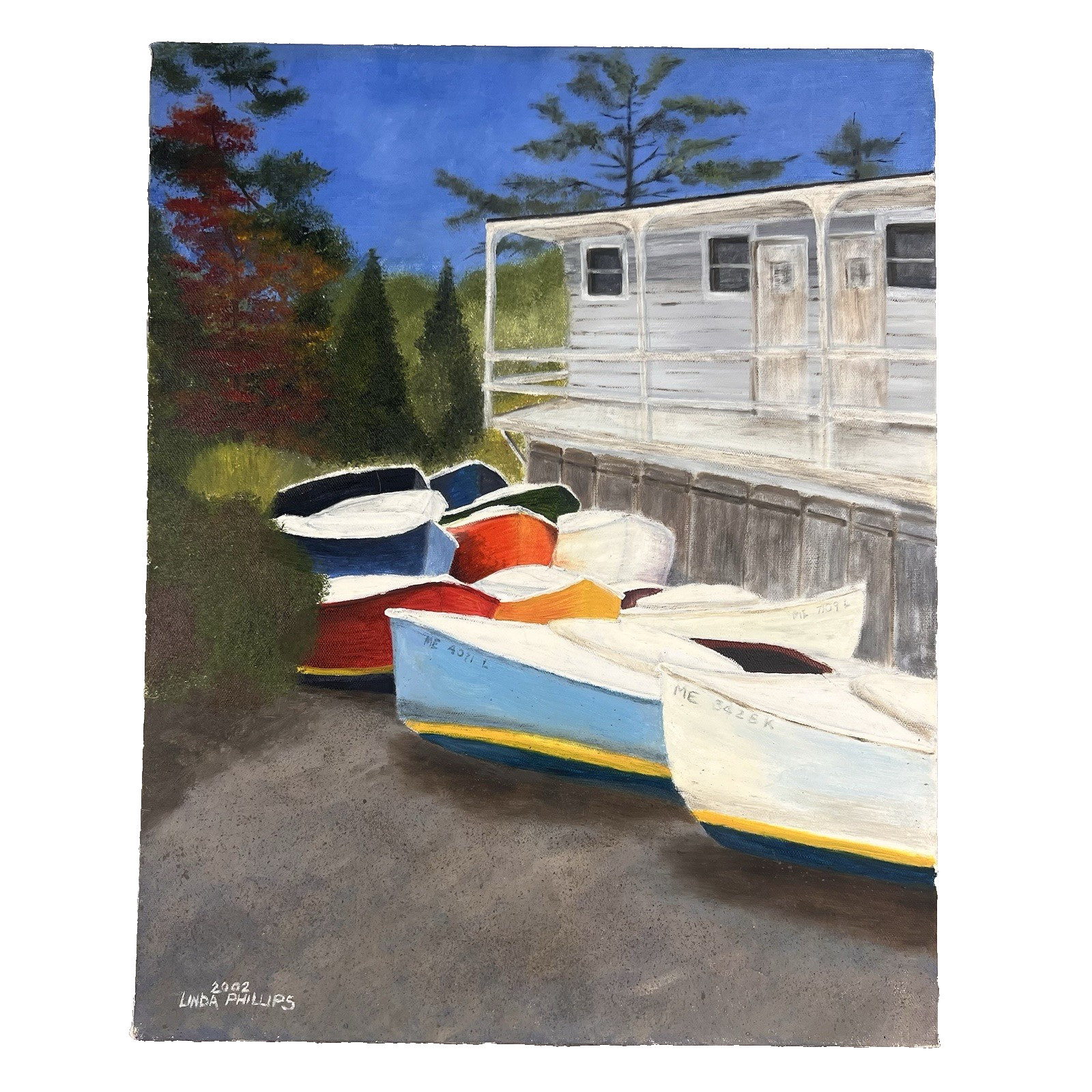 Quiet Harbor Boats Oil Painting 16×20 Beach House Lake Fishing Art Linda Phillps