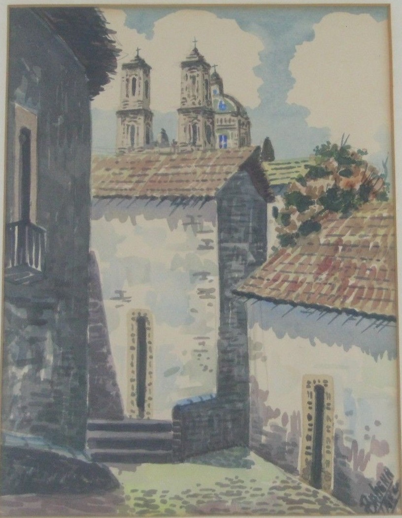 Vintage Watercolor Painting View of a Church from an Alley by Bahenr Listed?