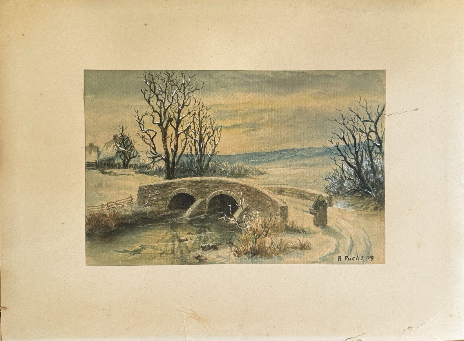 Antique Watercolor Gouache Painting On Board Paper By R. Fuchs Austria