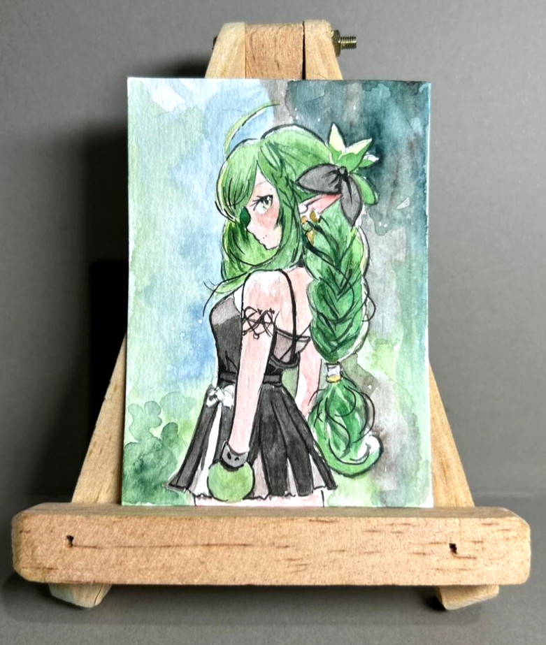 ACEO Original Watercolor Painting Anime Elf Girl Green Hair Fantasy Art OOAK