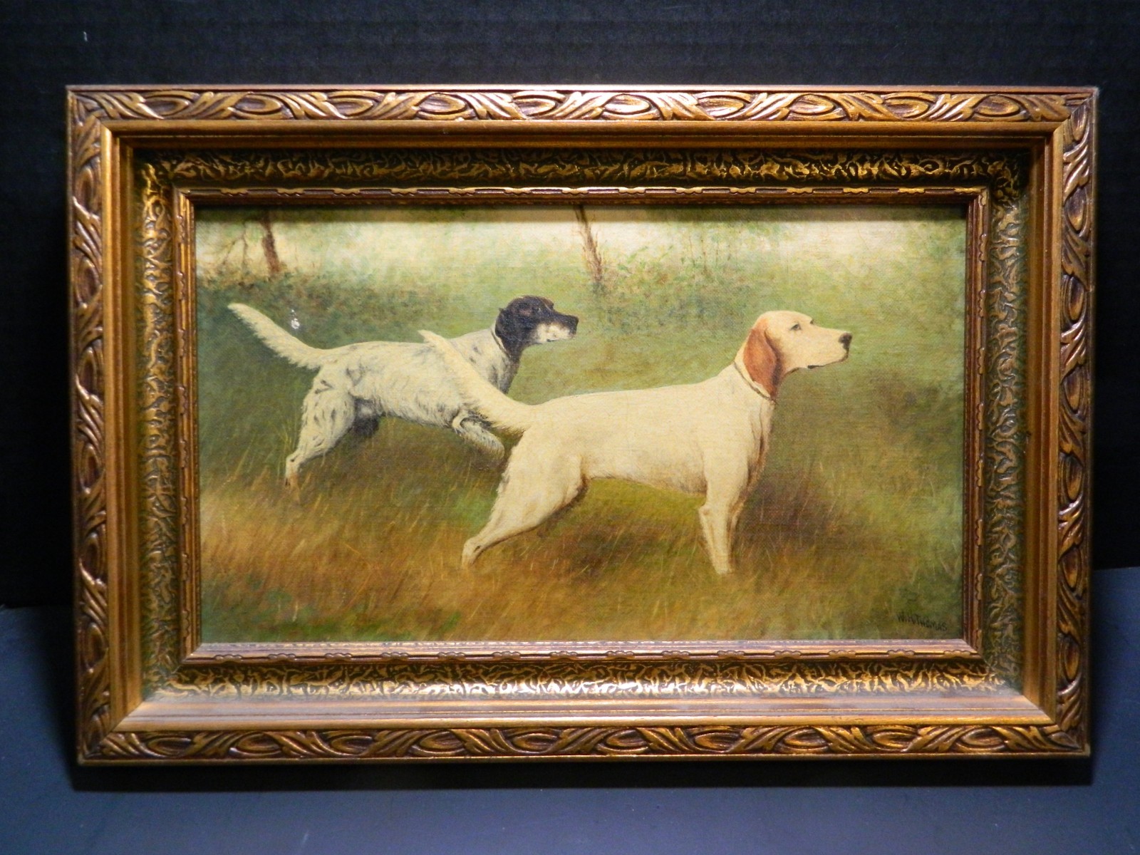 Antique Framed 2 English Pointers Oil On Canvas Signed W.H. Thomas 14.75″ VG