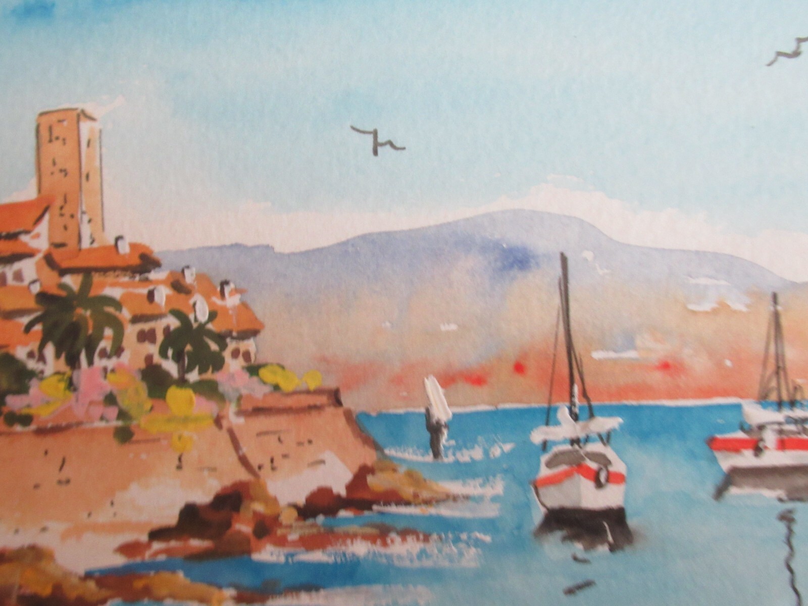 Original Matching Pair Watercolors City Port & Fountain Signed, Matted & Framed