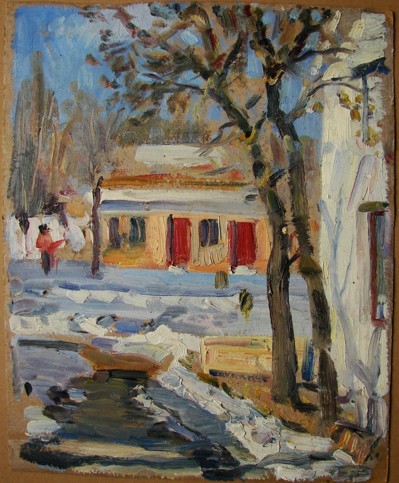 Ukrainian Soviet USSR Oil Painting impressionism house sunny day winter