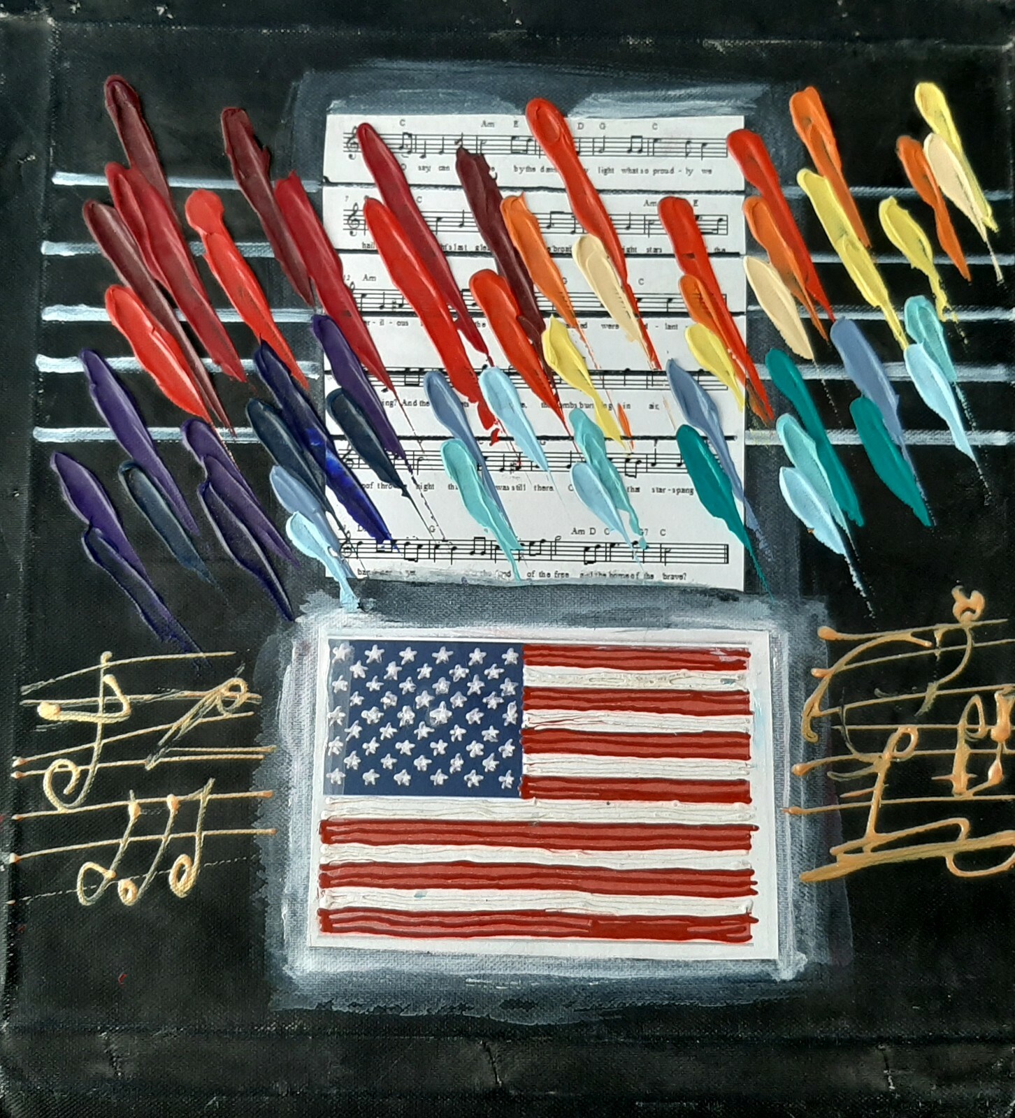 KORB, Oil on Canvas With Collage, American Flag, Musical Theme, Abstract