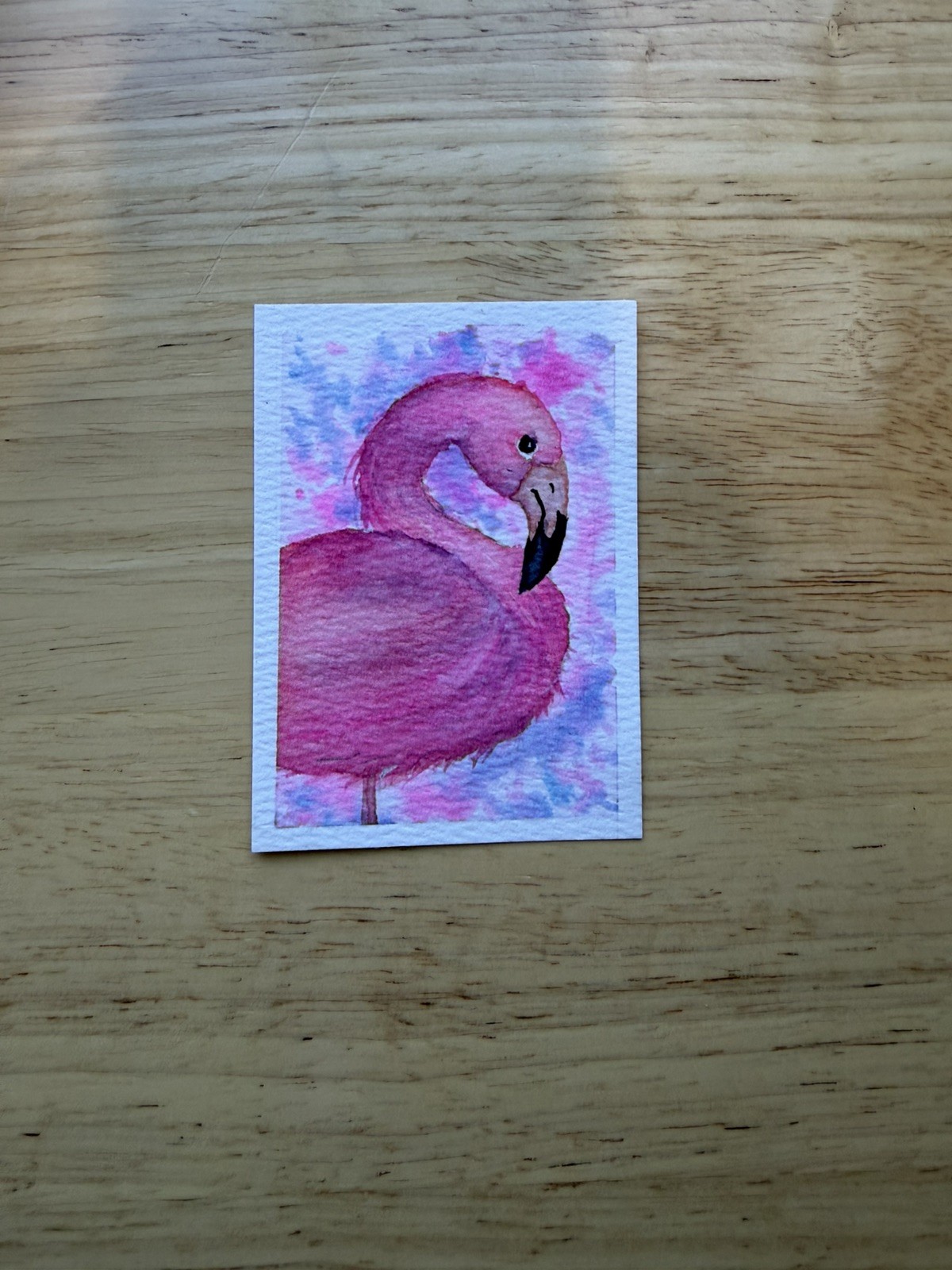 ACEO Original Art Card Watercolor Painting Pink Flamingo 2.5 x 3.5